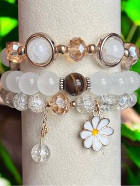 Tiger Eye with Daisy Charm Beaded 3 Pieces Stretch Bracelet Set